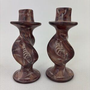 Set of Vintage Hand Carved Kenyan Soapstone Spiral Candle Holders Fish 5" Tall